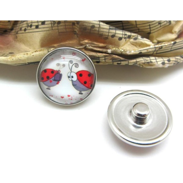 1 Bouton Pression Verre Artisanal Coccinelle in Love Rouge et Blanc - 18 mm - Photo n°1