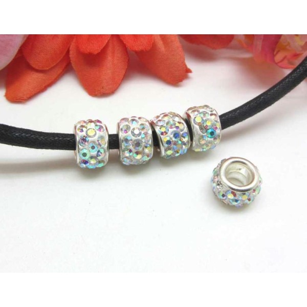 4 Perles Rondelles Strassées Gros Trou Crystal AB - 11*7 mm - Photo n°1