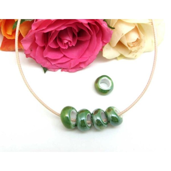 Lot de 2 Perles Rondelles Céramique Irisée Vert - 13*6 mm - Photo n°1