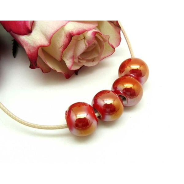 Lot de 2 Perles Céramique Irisée Rouge  - Environ 10 mm - Photo n°1