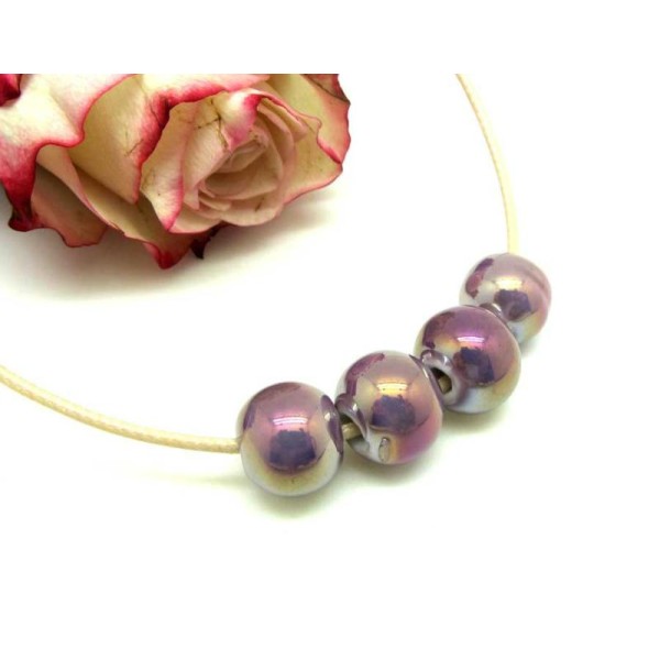 Lot de 2 Perles Céramique Irisée Mauve - Environ 10 mm - Photo n°1