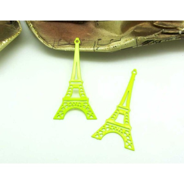 Lot de 2 Pendentifs Métal Filigrané Tour Eiffel Vert Anis - 40*20 mm - Photo n°1