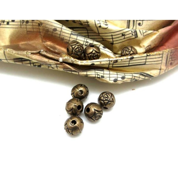 Lot  10 Perles Métal 6 mm Rondes Décorées Bronze - 6 mm - Photo n°1