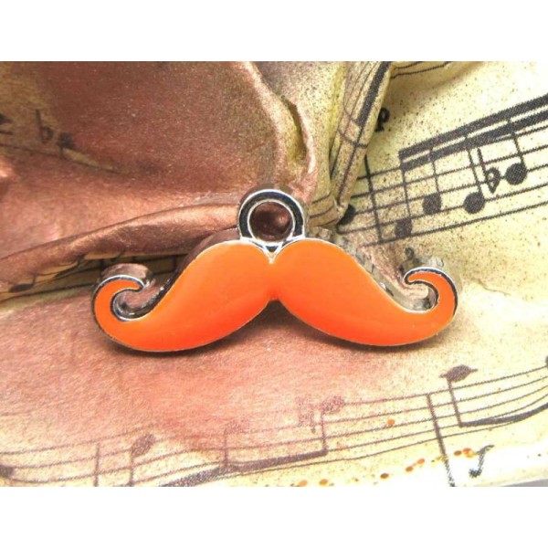 1 Breloque Moustache Argentée Emaillée Orange - 23 par 11 mm - Photo n°1