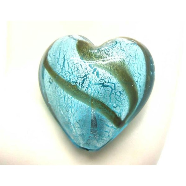 1 Grand Pendentif Coeur Verre Style Murano Feuille Argent - 30 mm - Photo n°1