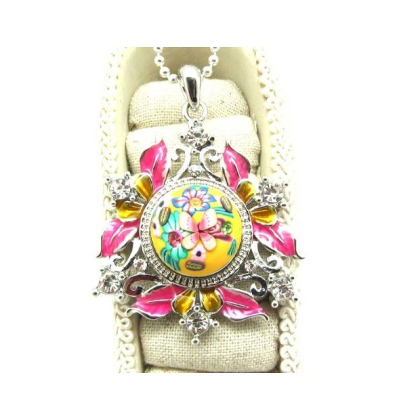 1 Pendentif Fleur Email et Strass Support Bouton Pression  Chunk - 5,2*4,6 cm - Photo n°3
