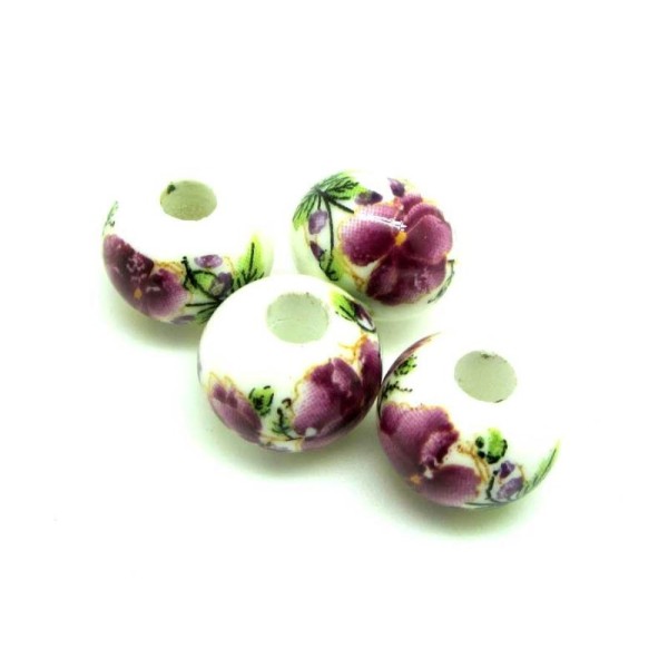 Lot de 6 Perles Porcelaine Fleurs Blanc et Rose - 12*9 mm - Photo n°1