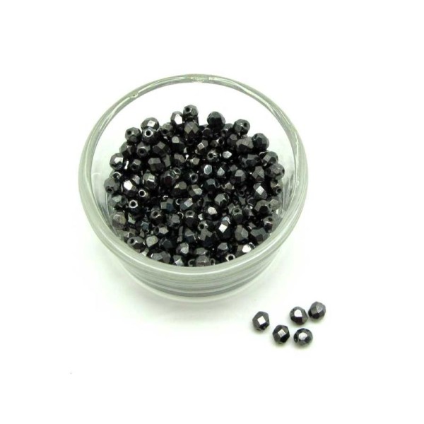 Lot  50 perles verre de Bohême - Noir Hématite  - 4 mm - Photo n°1