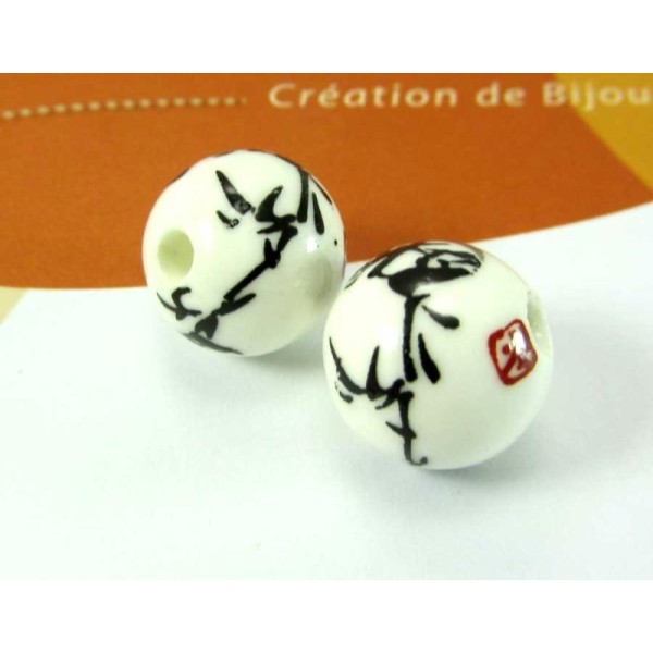 Lot de 4 Perles Japonisantes Céramique Blanches et Noires - 12 mm - Photo n°1