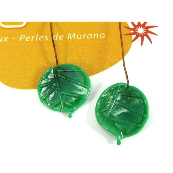 Lot de 2 perles Feuilles Murano Vert - 20 par 18 mm - Photo n°1