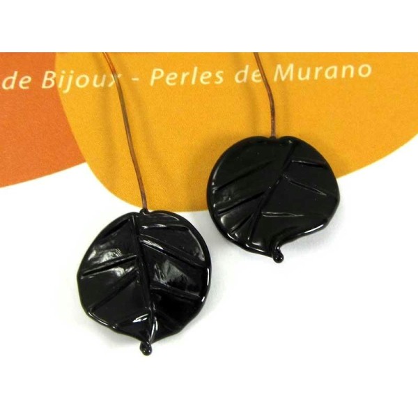 Lot de 2 perles Feuilles Murano Noir - 20 par 18 mm - Photo n°1