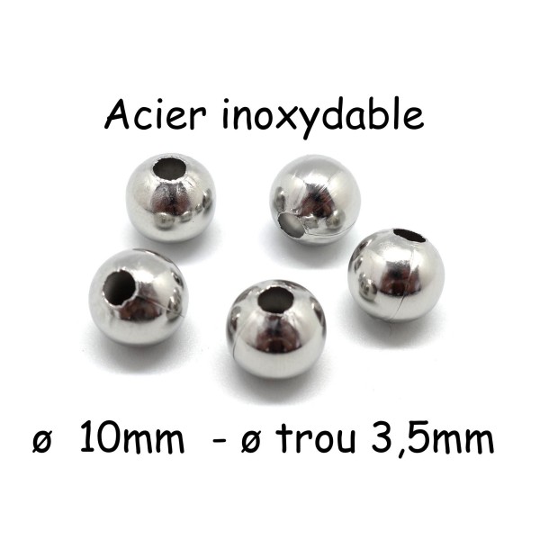 5 Perles En Acier Inoxydable 10mm Ronde - Photo n°1
