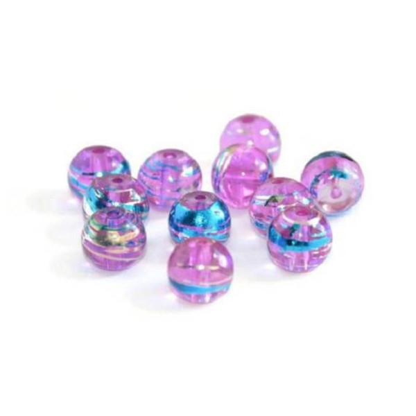 50 Perles translucide rose tréfilé argenté et bleu en verre 8mm - Photo n°1