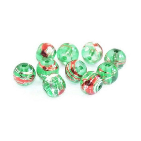 50 Perles translucide vert tréfilé argenté et rouge en verre 8mm - Photo n°1