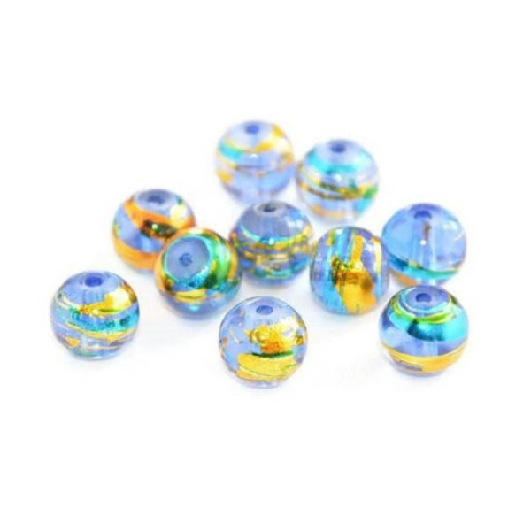 50 Perles translucide bleu tréfilé doré et bleu en verre 8mm - Photo n°1