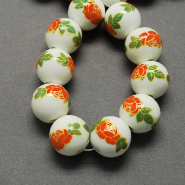 15 perles céramique porcelaine rondes 1 cm FLEUR ORANGE - Photo n°1