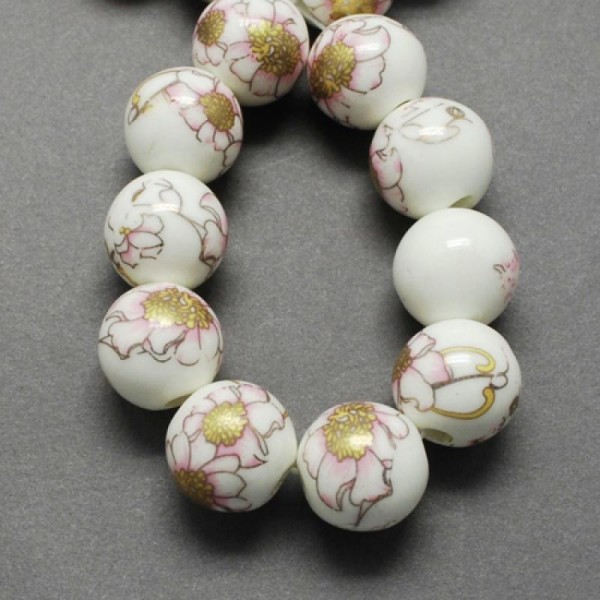 15 perles céramique porcelaine rondes 1 cm FLEUR DORE - Photo n°1
