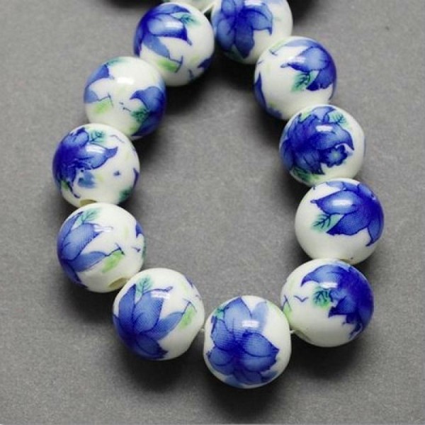 15 perles céramique porcelaine rondes 1 cm FLEUR BLEUE - Photo n°1