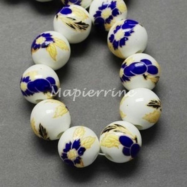 15 perles céramique porcelaine rondes 1 cm FLEUR BLEUE FEUILLE JAUNE - Photo n°1