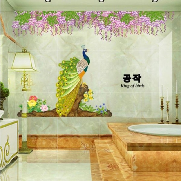 Sticker adhésif fresque paon royal et descente florale (140 x 180 cm) - Photo n°1