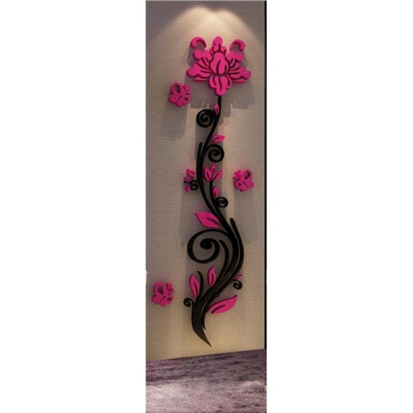 Rose design noire - fuchsia 3D miroir acrylique adhésif (38 x 100 cm) - Photo n°1