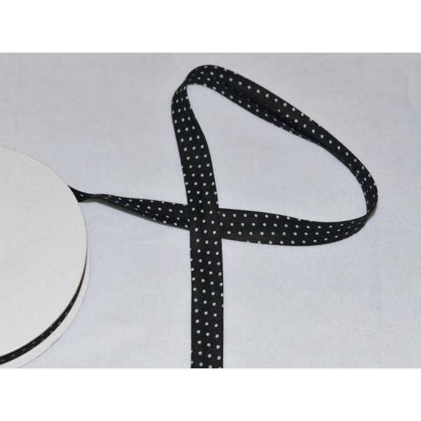 Biais Coton Noir Pois Blanc Largeur 15 mm Avec Rabats de 5mm – Coupe au mètre - Photo n°1