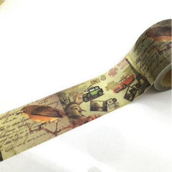 Washi Tape Masking Tape ruban adhésif scrapbooking 3 cm VINTAGE PARIS VOITURE OISEAU - Photo n°1