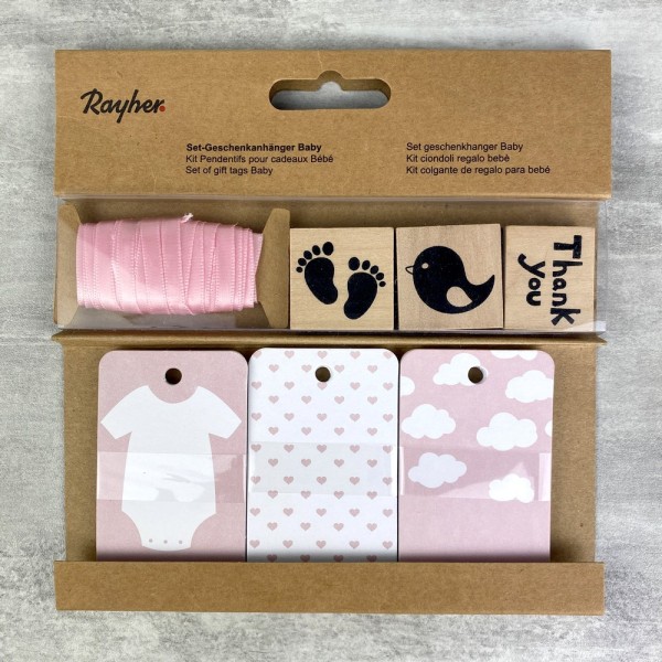 Kit étiquettes pour cadeaux fille, 3 tampons, rubans, 30 tags, bébé rose layette - Photo n°1