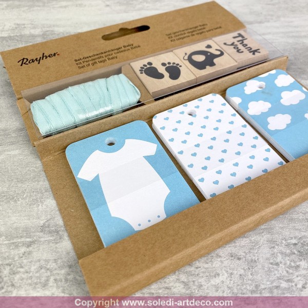 Kit étiquettes pour cadeaux garçon, 3 tampons, rubans, 30 tags, bébé bleu ciel layette - Photo n°2