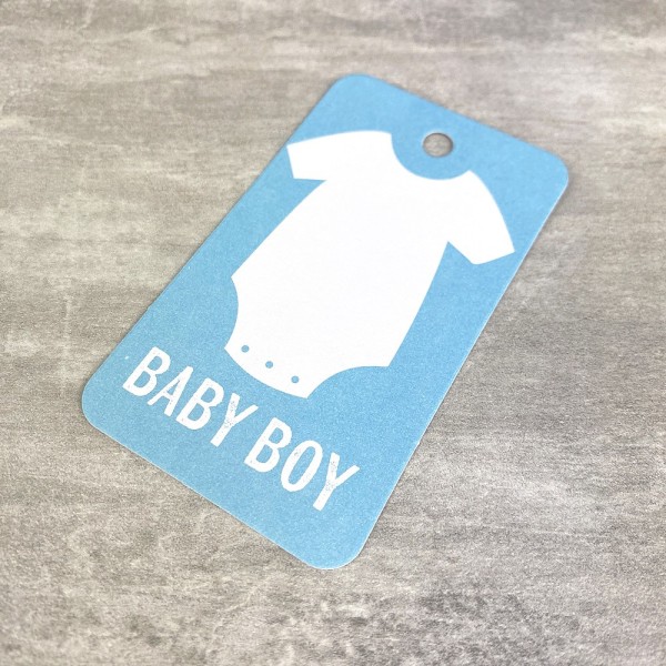 Kit étiquettes pour cadeaux garçon, 3 tampons, rubans, 30 tags, bébé bleu ciel layette - Photo n°3
