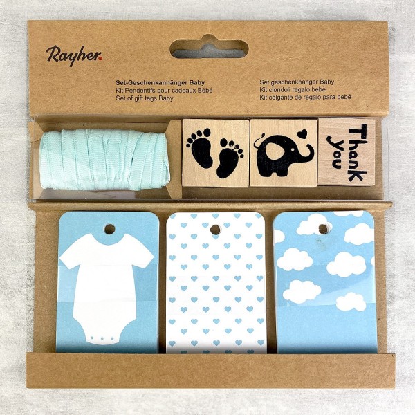 Kit étiquettes pour cadeaux garçon, 3 tampons, rubans, 30 tags, bébé bleu ciel layette - Photo n°1