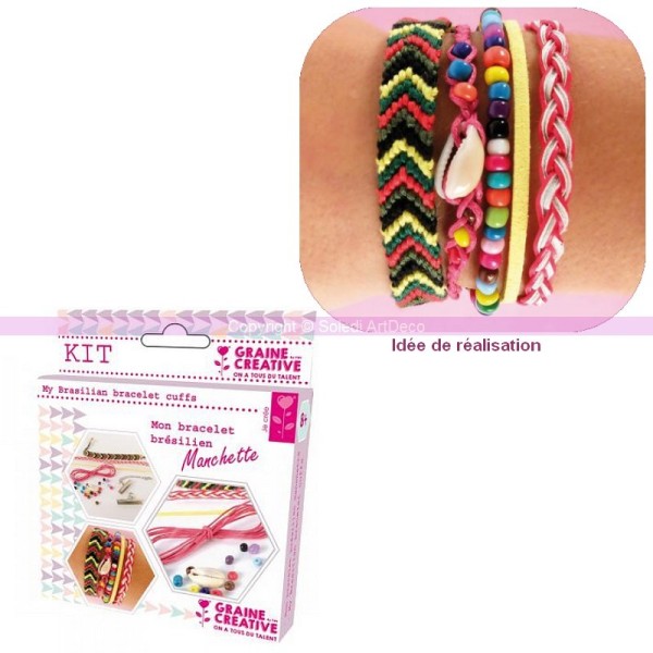 Kit DIY Bracelet brésilien, manchette à tresser en fils coton modèle Rainbow, coquillage et perles - Photo n°1