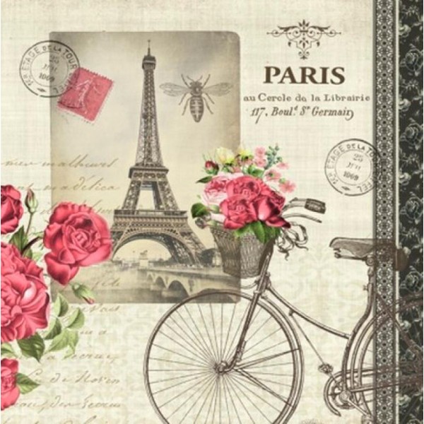 4 serviettes en papier découpage collage 33 cm ROSE PARIS VELO - Photo n°1