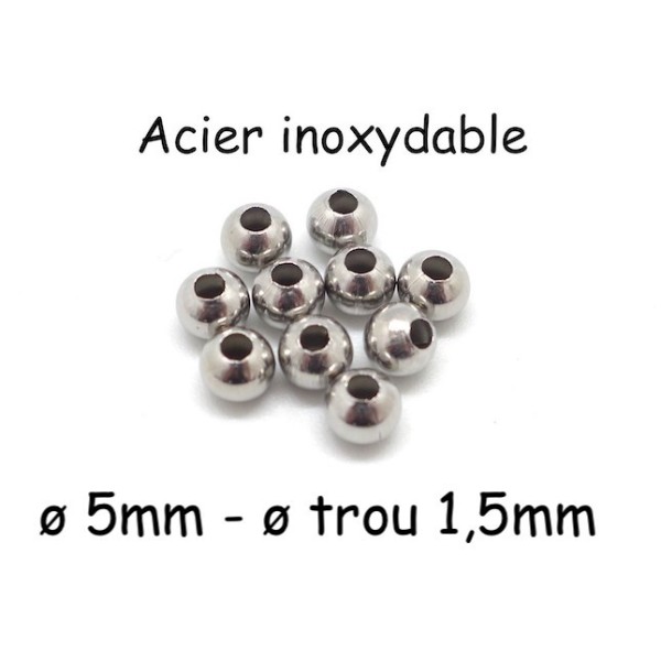 50 Perles Ronde 5mm En Acier Inoxydable Argenté - Photo n°1