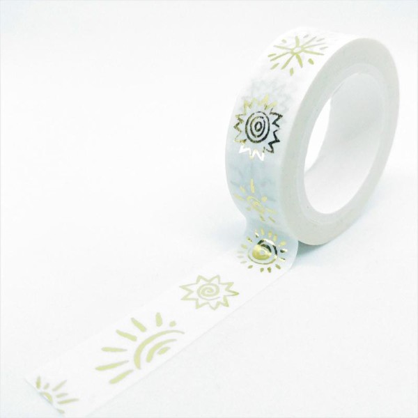 Washi Tape brillant multiples soleils 10Mx15mm blanc et or - Photo n°1