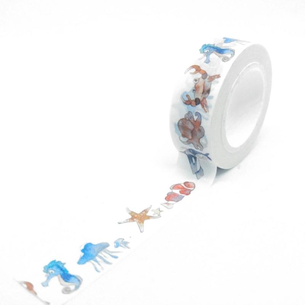 Washi Tape animaux marins, orques, crabes 10Mx15mm multicolore - Photo n°1