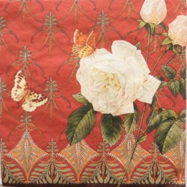 4 serviettes en papier découpage collage 33 cm ROSE BLANCHE PAPILLON 617 - Photo n°1
