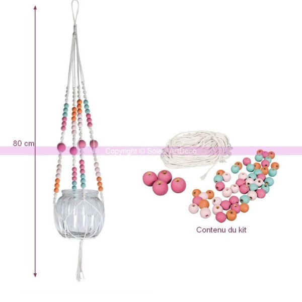 Kit DIY Suspension de Perles en Bois coloré et fil blanc pour Macramé, 80 cm de long - Photo n°1