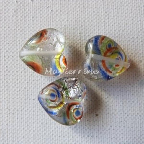 5 perles millefiori avec feuille d'argent cœur BLEU JAUNE ROUGE - Photo n°1