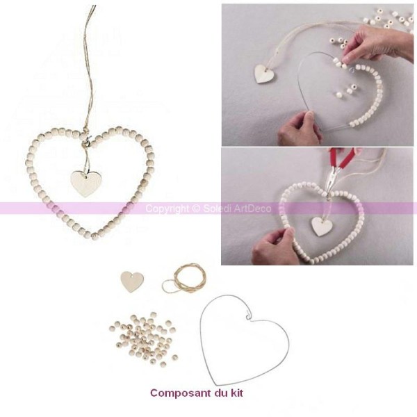 Kit DIY Coeur en fil Métal orné de Perles en Bois à suspendre 14cmx14cm , 1m cordon de chanvre, déco - Photo n°1