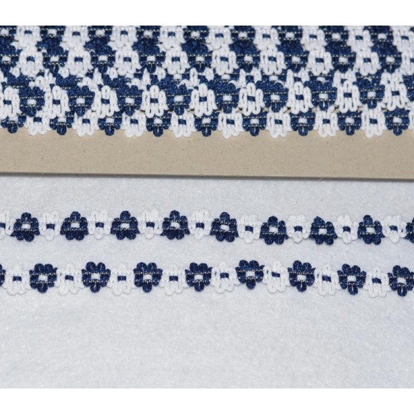 Galon – 12 mm - Fleur Bleu Marine et Blanc - Non Elastique - Coupe au mètre - Photo n°1