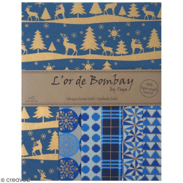 Papier l'Or de Bombay - Noël Bleu - Bleu foncé / Bleu clair / Doré - 6 feuilles - Photo n°1