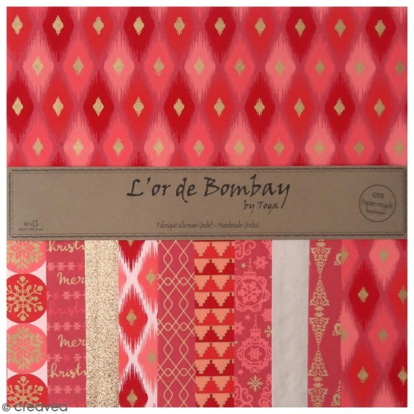 Papier l'Or de Bombay 30,5 x 30,5 cm - Doré / Rose Fuchsia / Rouge - 10 feuilles - Photo n°1