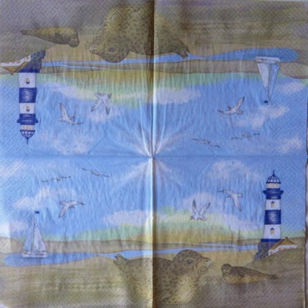 4 serviettes en papier découpage collage 33 cm MER MOUETTE PHOQUE PHARE 17 - Photo n°3