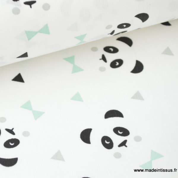 Tissu 100% coton dessin panda menthe - Photo n°1