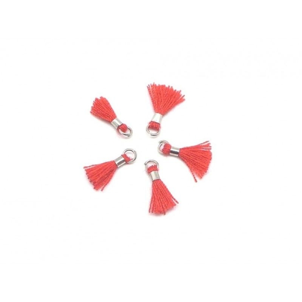 5 Mini Pompons 1,3cm Rouge Corail Et Métal Argenté - Photo n°1
