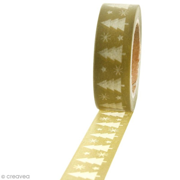 Masking tape Sapin de Noël blanc sur fond kaki clair - 1,5 cm x 10 m - Photo n°1