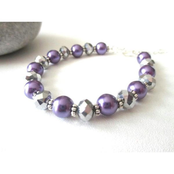 Kit bracelet perles en verre violette et argenté - Photo n°1