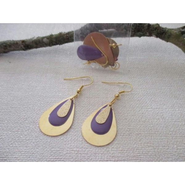 Kit de boucles d'oreilles goutte dorée et sequin violet - Photo n°1