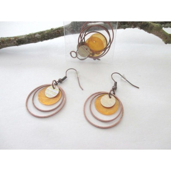 Kit de boucles d'oreilles anneaux cuivre et sequin orange - Photo n°1